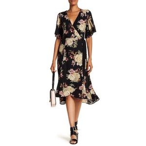 Black Floral Wrap-Midi Dress